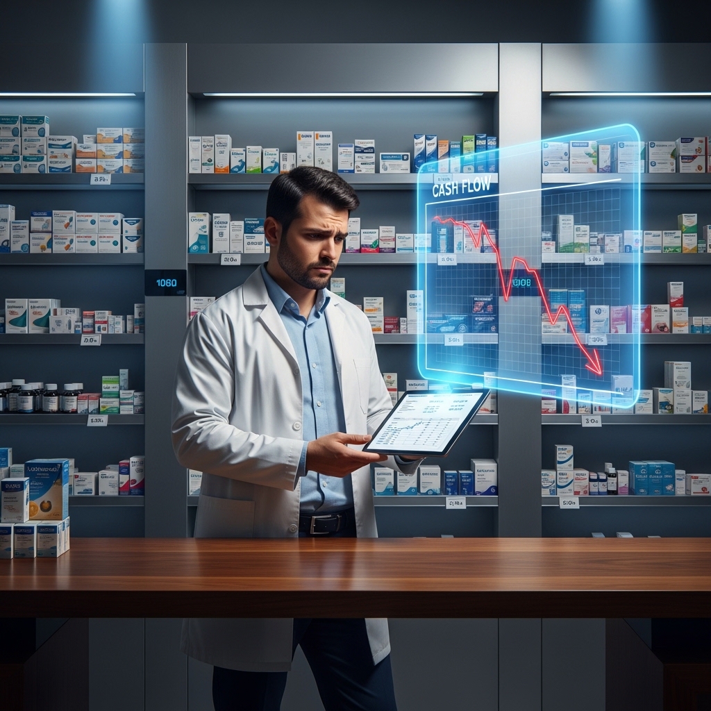 داروساز در داروخانه در حال بررسی گزارش مالی با نمودار نقدینگی منفی؛ بررسی بحران مالی و خطر ورشکستگی داروخانه با وجود فروش بالا