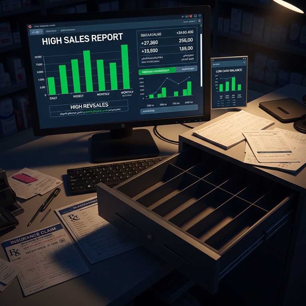 نمای نزدیک از میز داروخانه با گزارش فروش بالا روی مانیتور و کش خالی صندوق؛ تصویر مفهومی شکاف بین فروش ثبتشده و نقدینگی واقعی