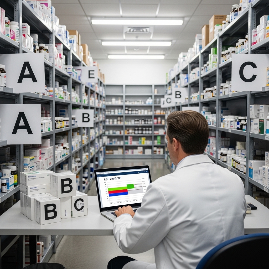 انبار داروخانه با قفسههای منظم و داروساز در حال تحلیل موجودی با نمودار ABC؛ مدیریت استراتژیک خرید و کنترل کالای رسوبی