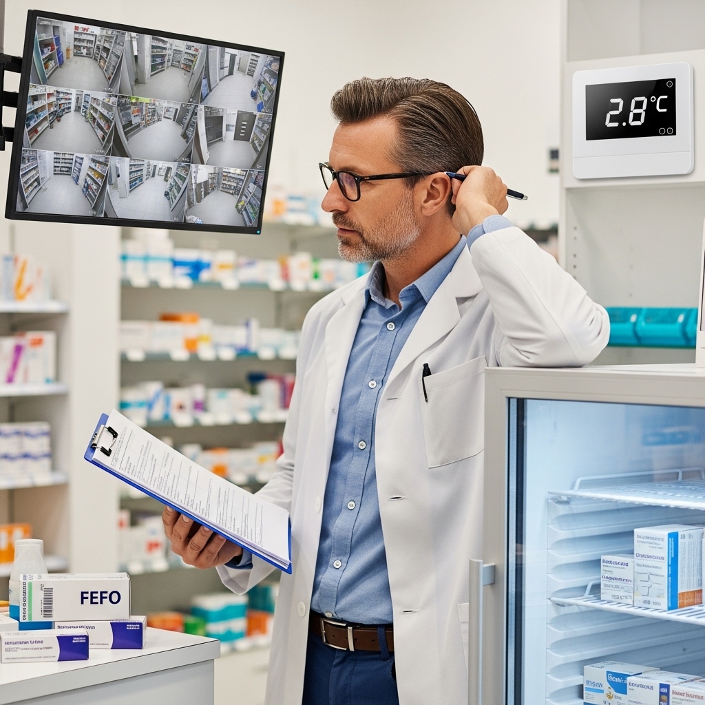 مدیر داروخانه در حال بررسی چکلیست کنترلی، مانیتور دوربین مداربسته و دمای یخچال دارویی؛ اجرای سیستمهای نظارتی و FEFO در داروخانه