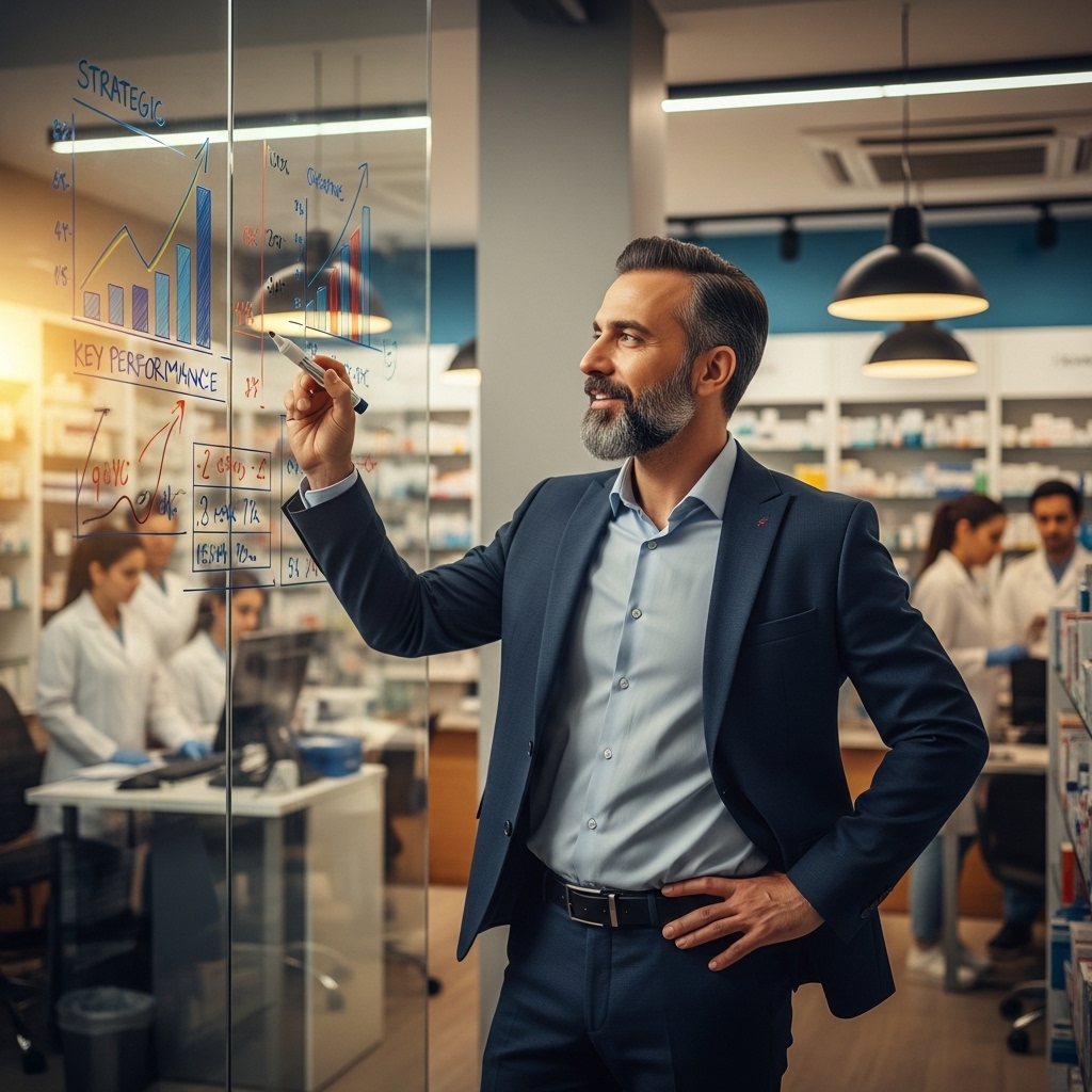 مالک داروخانه در حال بررسی نمودار رشد روی برد شیشهای با تیم در پسزمینه؛ تبدیل داروساز به رهبر استراتژیک کسبوکار